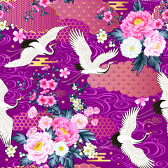 Wall Mural - Night Japanese garden with blooming peonies and golden clouds