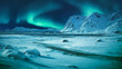 Wonderful snowy winter in Norway. Beautiful night with aurora borealis, in amazing winter landscape of the Lofoten Islands. Snow-covered riverbed and mountains under Northern lights. Creative image.