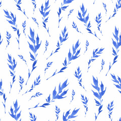 
Seamless background with bright blue twigs. Hand drawn watercolor plants. Pattern of blue plants on a white isolated background.