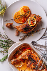 Wall Mural - roasted fried turkey duck thighs, rubbed with spices and salt, on a baking sheet, with oranges, lemons, garlic, rosemary, thyme and olive oil. the concept of a healthy and tasty dinner for two.