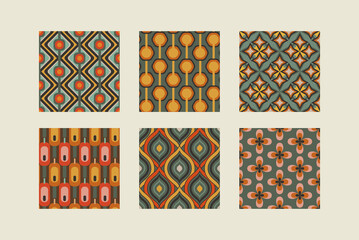 Set of vector retro seamless patterns, inspired by prints from the 60s and 70s