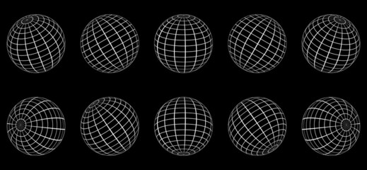 3D White Globe Grid Sphere Set on Black Background. Geometric Round Grid Mesh Ball. Wireframe Globe Surface. Wire Global Earth Latitude and Longitude. Wired Line 3D Planet Globe. Isolated Vector