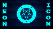 Glowing Neon Pentagram In A Circle Icon Isolated On Brick Wall Background. Magic Occult Star Symbol. Vector