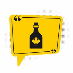 Poster - Black Bottle of maple syrup icon isolated on white background. Yellow speech bubble symbol. Vector