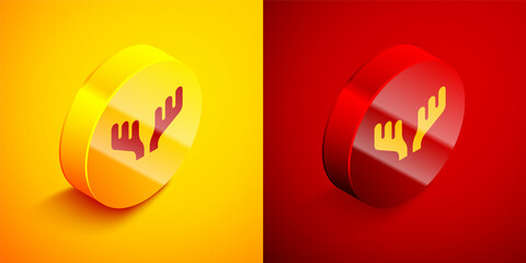 Poster - Isometric Deer antlers icon isolated on orange and red background. Hunting trophy on wall. Circle button. Vector