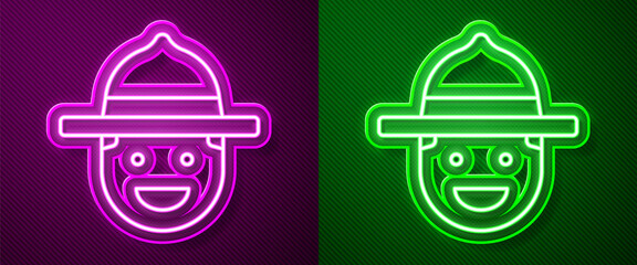 Sticker - Glowing neon line Canadian ranger hat uniform icon isolated on purple and green background. Vector