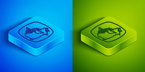 Sticker - Isometric line Canada map icon isolated on blue and green background. Square button. Vector