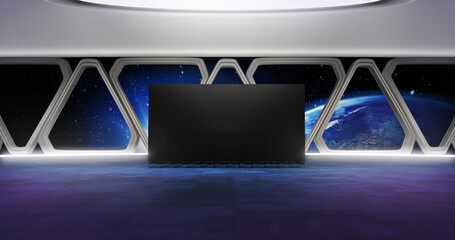 Space, virtual studio background. Ideal for science tv shows, tech commercials or futuristic, events. 3D rendering backdrop suitable on VR tracking system stage sets, with green screen
