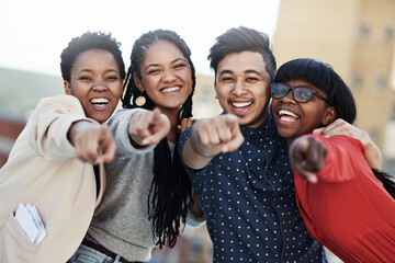 Sticker - join us today. portrait of a group of happy students pointing toward the camera.