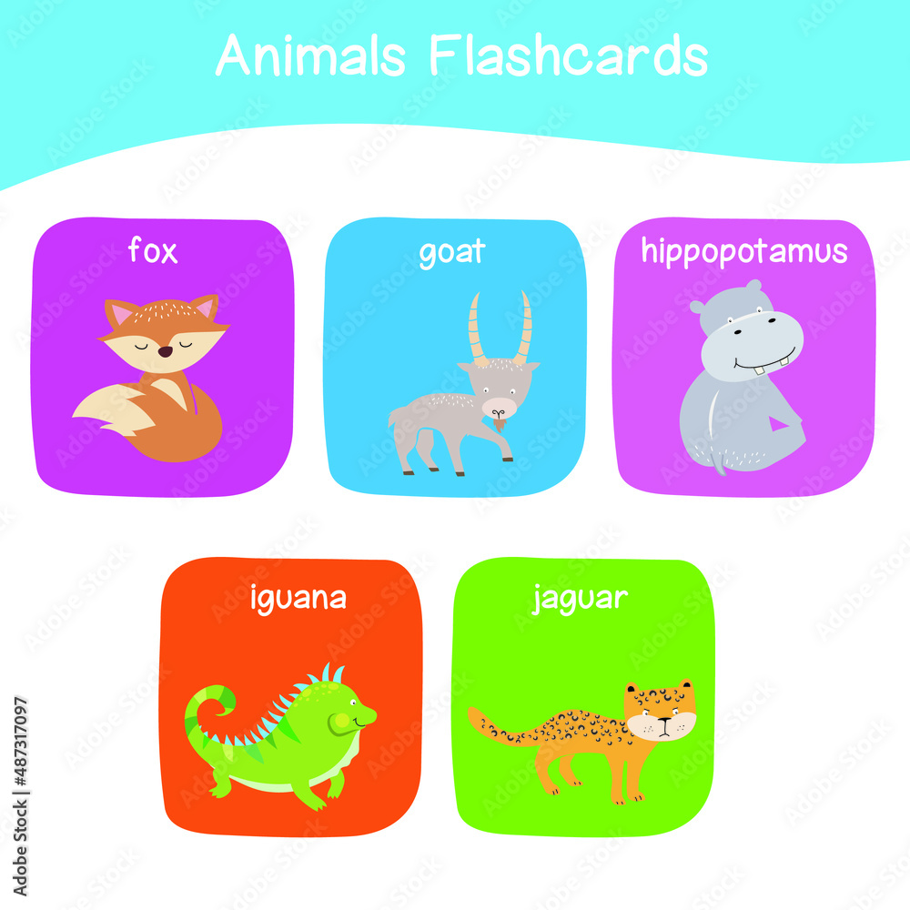 Vector de Stock Cute animal names flashcards for school. Practicing to ...