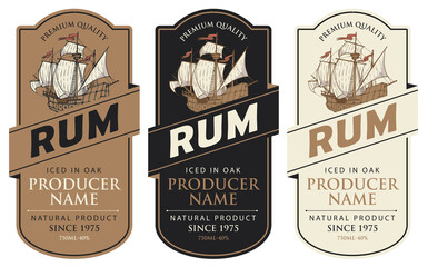 Wall Mural - set of three vector labels for rum in a figured frames with old sailing ships and inscriptions in re