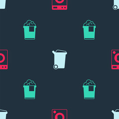 Sticker - Set Washer, Trash can and Bucket with foam on seamless pattern. Vector