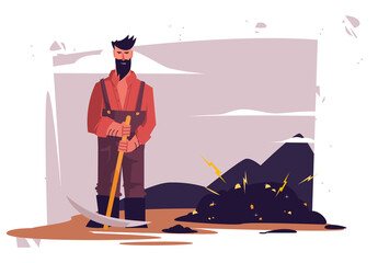 Vector illustration of a miner with a pickaxe for gold mining in the mountains, gold mining