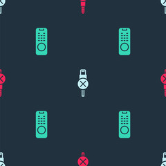 Sticker - Set No audio jack, usb cable cord and Remote control on seamless pattern. Vector