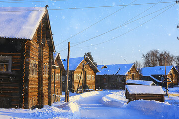 Wall Mural - winter landscape russian village north wooden house