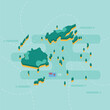 3d vector map of Fiji with name and flag of country on light green background and dash.