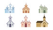 Set of different types of catholic churchs white background. Vector cathedral or monastery in flat style.