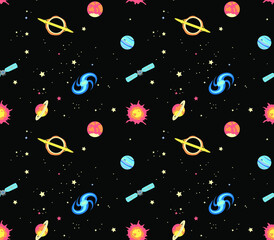 Wall Mural - seamless pattern with space: stars, rockets, planets; vector illustration
