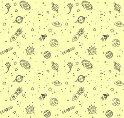 Wall Mural - seamless pattern with space: stars, rockets, planets; vector illustration