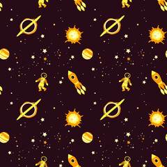 Wall Mural - seamless pattern with space: stars, rockets, planets; vector illustration