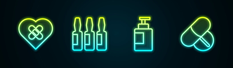 Sticker - Set line Healed broken heart, Medical vial, ampoule, Hand sanitizer bottle and Medicine pill or tablet. Glowing neon icon. Vector