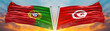 Portugal flag and Tunisia Flag waving with texture sky Cloud and sunset Double Flag  