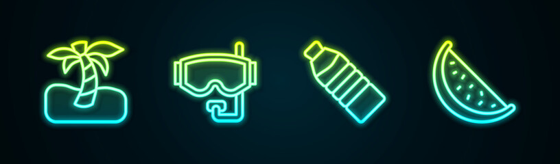 Set line Tropical palm tree, Diving mask, Bottle of water and Watermelon. Glowing neon icon. Vector