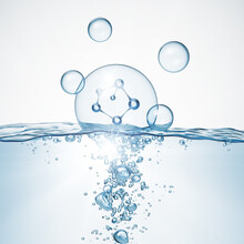 Cosmetic Essence, Liquid Bubble, Molecule Inside Liquid Bubble On Water Background, 3d Rendering