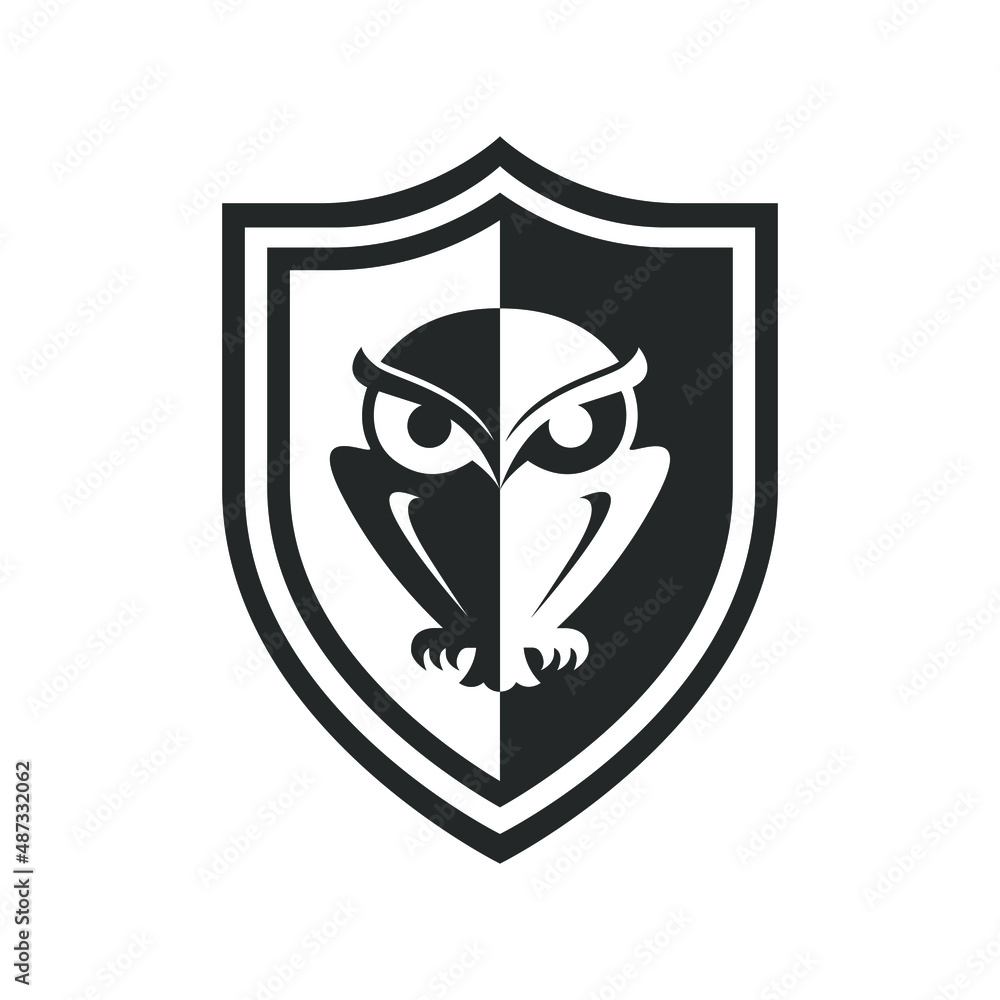 Shield with owl graphic emblem. Sign protect and security isolated on ...