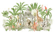 Watercolor composition with African animals, arch and natural elements. Lion, giraffe, elephant, monkeys, parrots, palm trees, flowers. Safari, wild jungle, tropical illustration for nursery wallpaper
