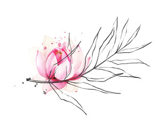 Canvas Print - Arrangement with pink lotus flower and palm branch in sketch line style. Watercolor painted floral design. 