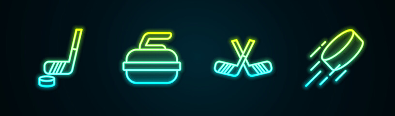 Wall Mural - Set line Ice hockey stick and puck, Stone for curling, sticks and Hockey. Glowing neon icon. Vector