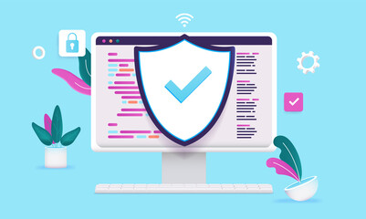 Internet and web security - Desktop computer with code and shield protection symbol. Cartoon style vector illustration