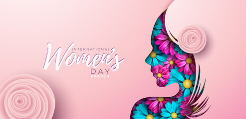 Happy Women's Day Floral Illustration. 8 March International Womens Day Vector Design with Spring Colorful Flower and Young Woman Face Silhouette on Light Background. Women or Mother Day Theme