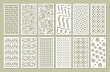 Set Of Vertical Rectangular Panels. Stencils, Lattices, Screens With Geometric Patterns, Floral Ornaments, Lines. Vector Template For Plotter Laser Cutting Of Paper, Metal Engraving, Wood Carving, Cnc
