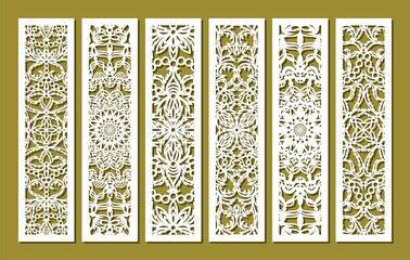 Wall Mural - Set of rectangular vertical lace panels. Stencil, lattice with oriental pattern, floral ornament from decorative leaves, flowers, curls. Template for plotter laser cutting of paper, engraving, carving