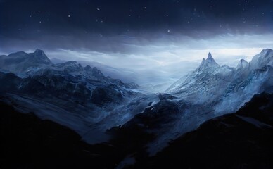 Fototapete - Fabulous fantasy landscape of mountains, amazing view of the rocks and the valley. Mystical nature of the peaks of mountains and ridges. Illustration