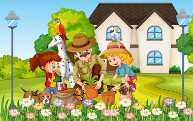 Sticker - Outdoor scene with happy family and dogs