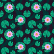 seamless pattern with water lilies. floral print with lotuses. vector illustration. geometric ornament. pink flowers on a dark green background.