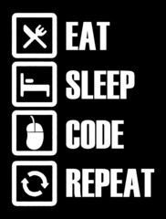 eat sleep code repeat vector typography design with icons. programmer daily activity life infographi