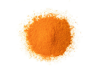 Poster - Pile of turmeric powder (curcumin, Curcuma longa Linn) isolated on white background. Top view. Flat lay.