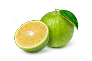 Wall Mural - 
Aurantium citrus (Bitter orange or Seville orange) with cut in half sliced and green leaf isolated on white background.
