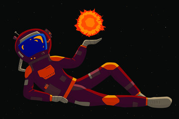 Wall Mural - astronaut holds sun on his hand, vector illustration