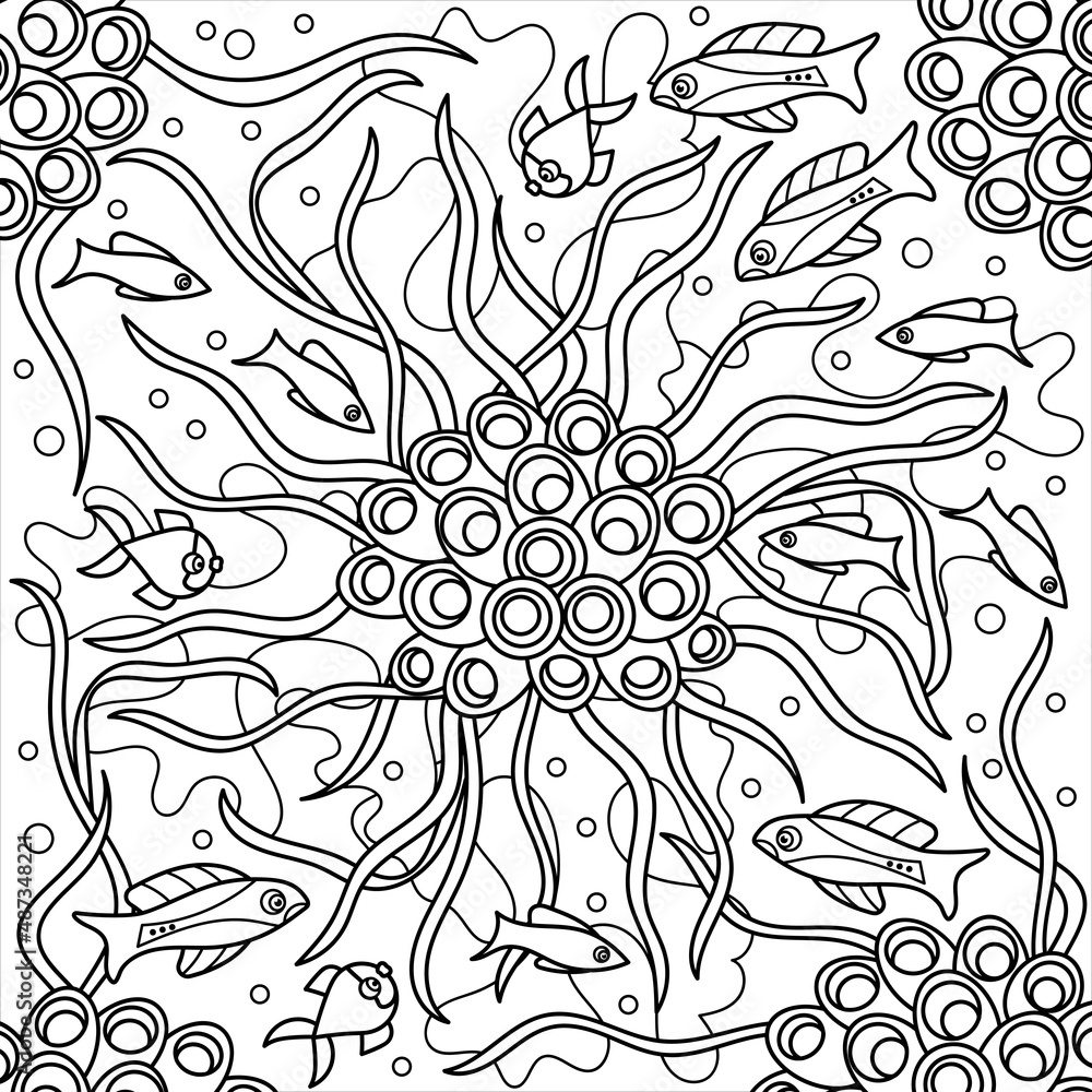 Underwater coloring book page for adult. Fish and coral,algae seaweed ...