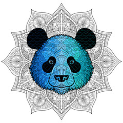 Wall Mural - Panda head pattern on ornament background. Portrait of giant panda isolated on white background. Painted ethnic ornament. Chinese style. Tribal ornament painted by hand. Series ethnic animals.