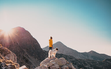 woman with white dog sitting on mountain top in summer landscape slow travel and freedom concept