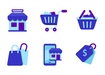 Canvas Print - Set of shopping icon with flat design and blue color isolated on white background