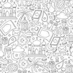 Wall Mural - Ramadan monochrome seamless pattern with hand drawn doodles. Good for wrapping paper, scrapbooking, wallpaper, coloring pages, packaging, etc. EPS 10