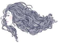 Beauty Salon: Portrait Of Pretty Young Woman In Profile View With Long Beautiful Hair. Vector Illustration