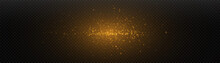 Glowing Light Effect In Yellow Gold Color With Lots Of Shiny Particles Isolated On Dark Background. Vector Star Cloud With Dust.